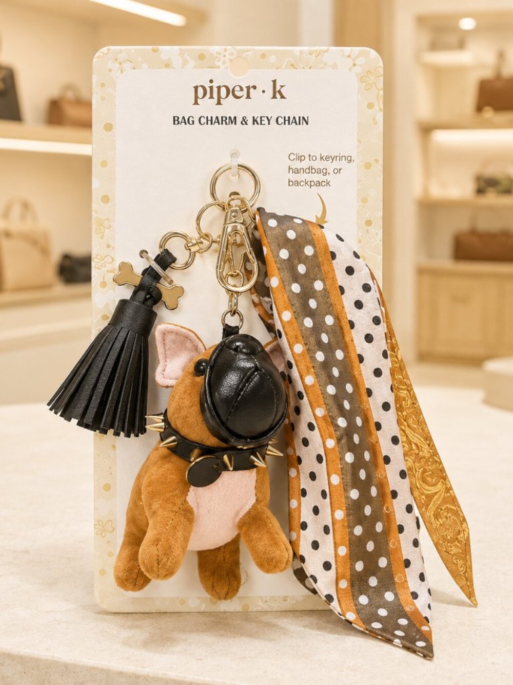 Piper K Brown French Bulldog Bag Charm Keychain Polka Dot Scarf Tassel NWT